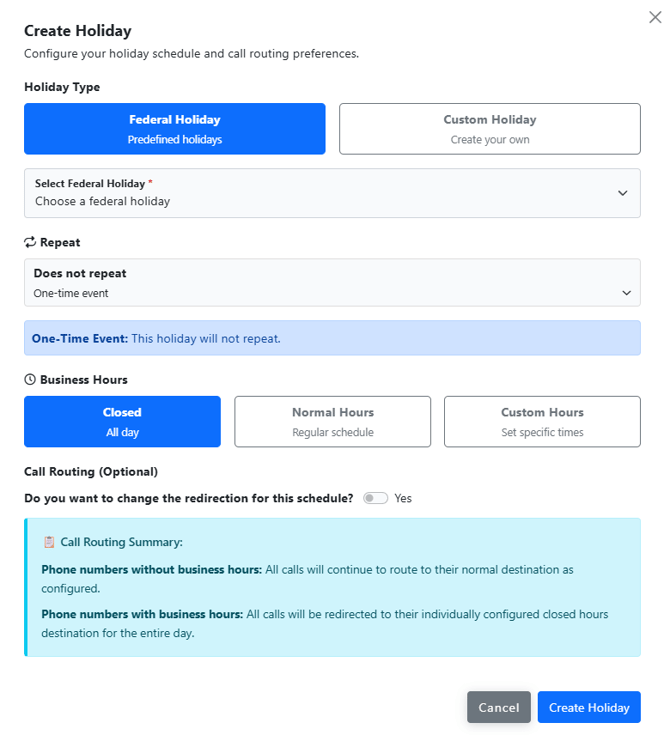 Holiday Schedule Add Holiday Initial Page - UniVoxx Portal