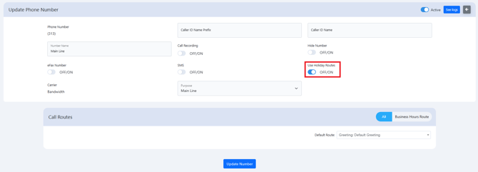 Holiday Schedule Enable Holiday Routes on Number - UniVoxx Portal