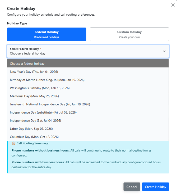 Holiday Schedule Select Federal Holiday - UniVoxx Portal