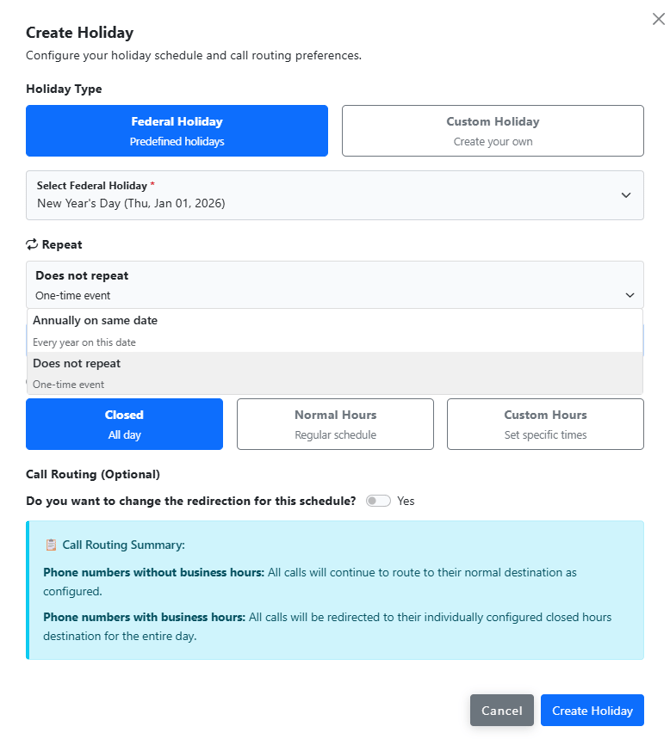 Holiday Schedule Select Repeat - UniVoxx Portal